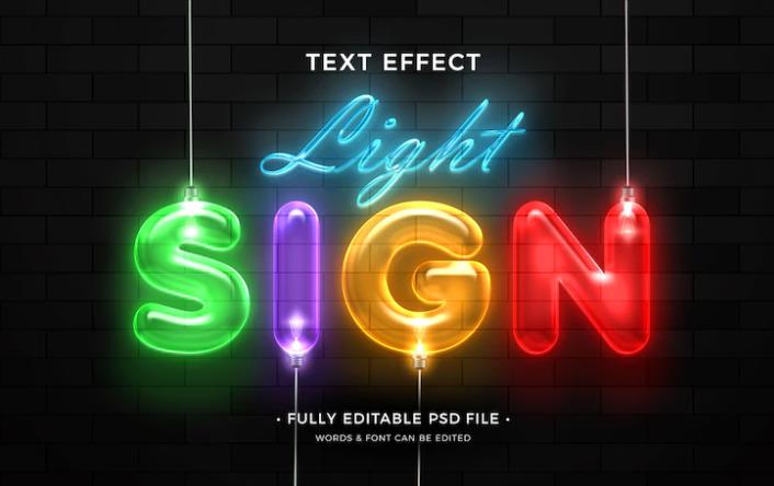 Luminous colorful text with light bulbs